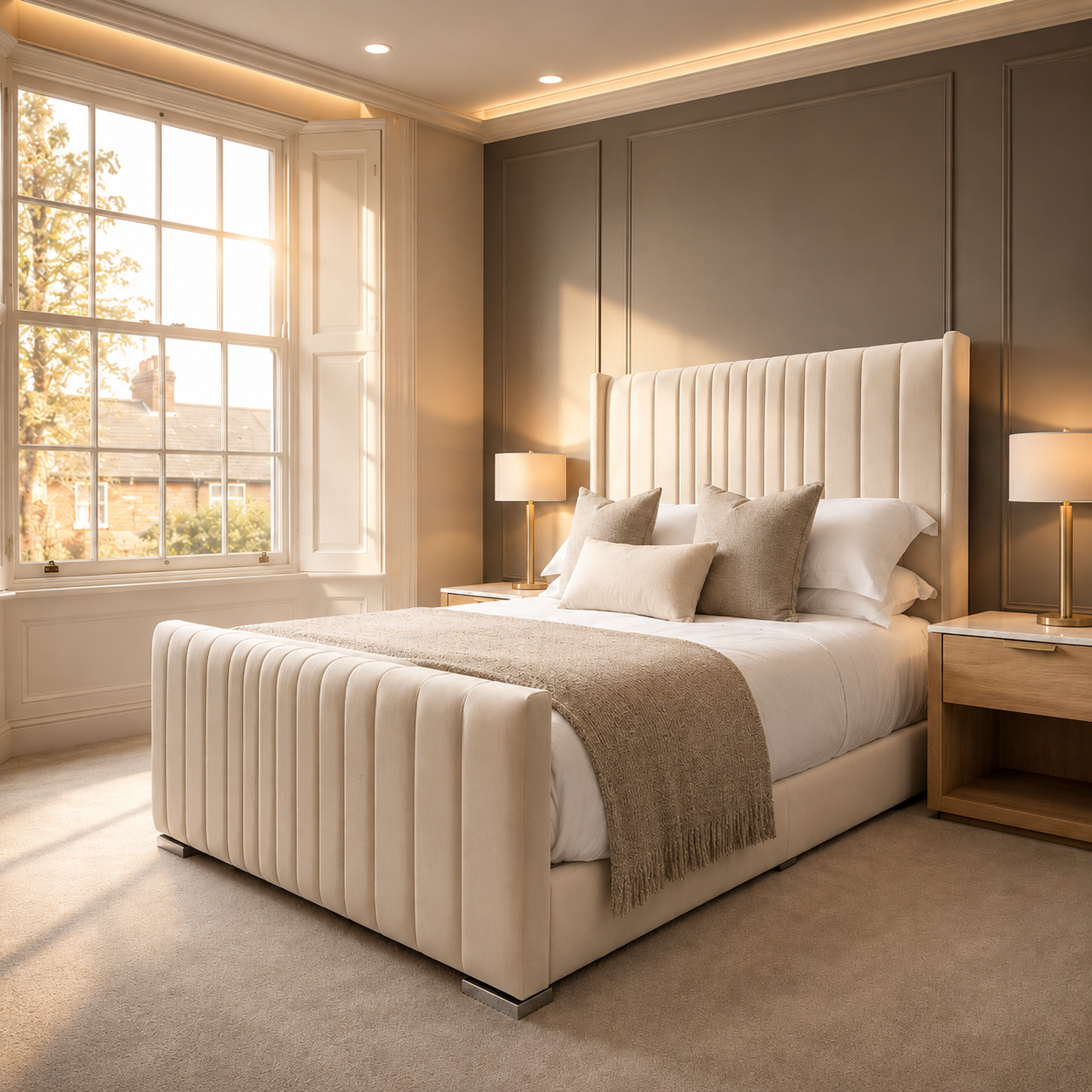 Double  Bed | 50" Scattered Line Wing Headboard | Matching Footboard | Luxury Upholstered Bed | Modern Design