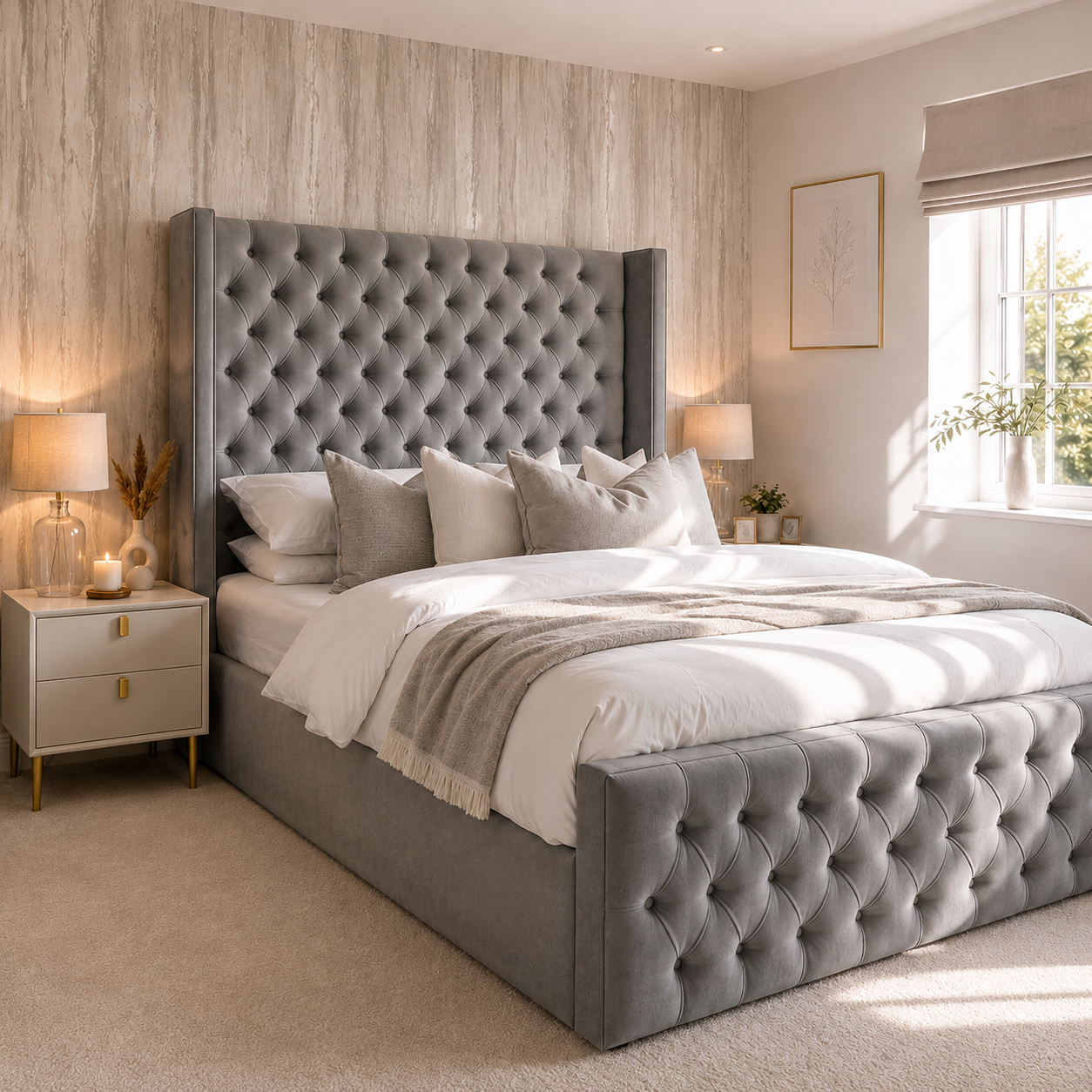 Chesterfield Wing Bed | Deep Button Tufted Headboard | Luxury Upholstered Bed | Ottoman Storage | All UK Sizes