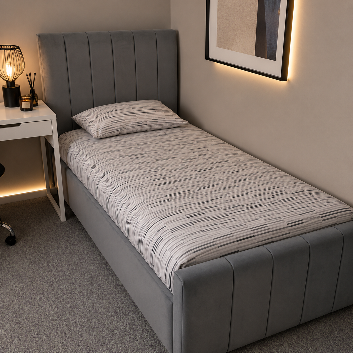 Panel line Bed with Mattress | 50" Narrow Headboard | Luxury Upholstered Bed | Complete Bed Set