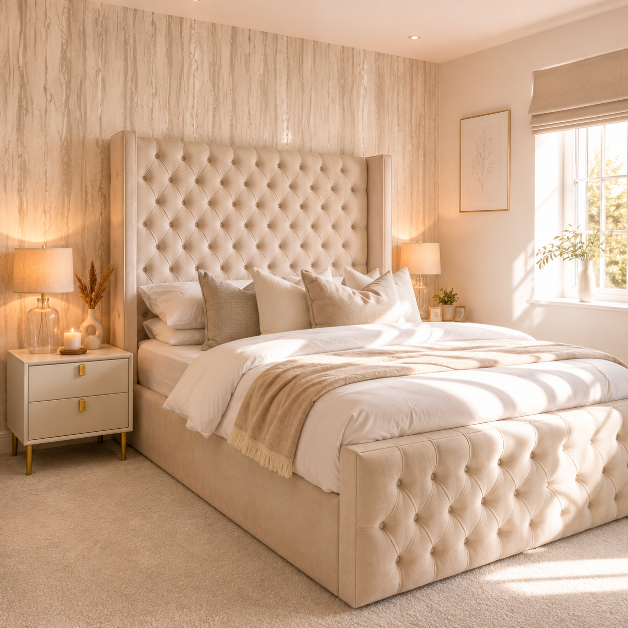 Chesterfield Wing Bed | Deep Button Tufted Headboard | Luxury Upholstered Bed | Ottoman Storage | All UK Sizes