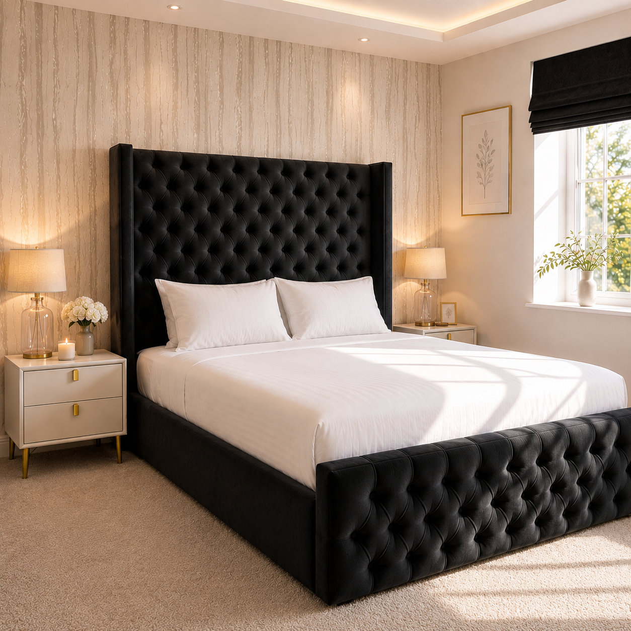 Chesterfield Wing Bed | Deep Button Tufted Headboard | Luxury Upholstered Bed | Ottoman Storage | All UK Sizes