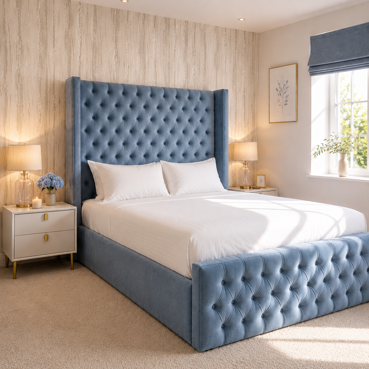 Chesterfield Wing Bed | Deep Button Tufted Headboard | Luxury Upholstered Bed | Ottoman Storage | All UK Sizes