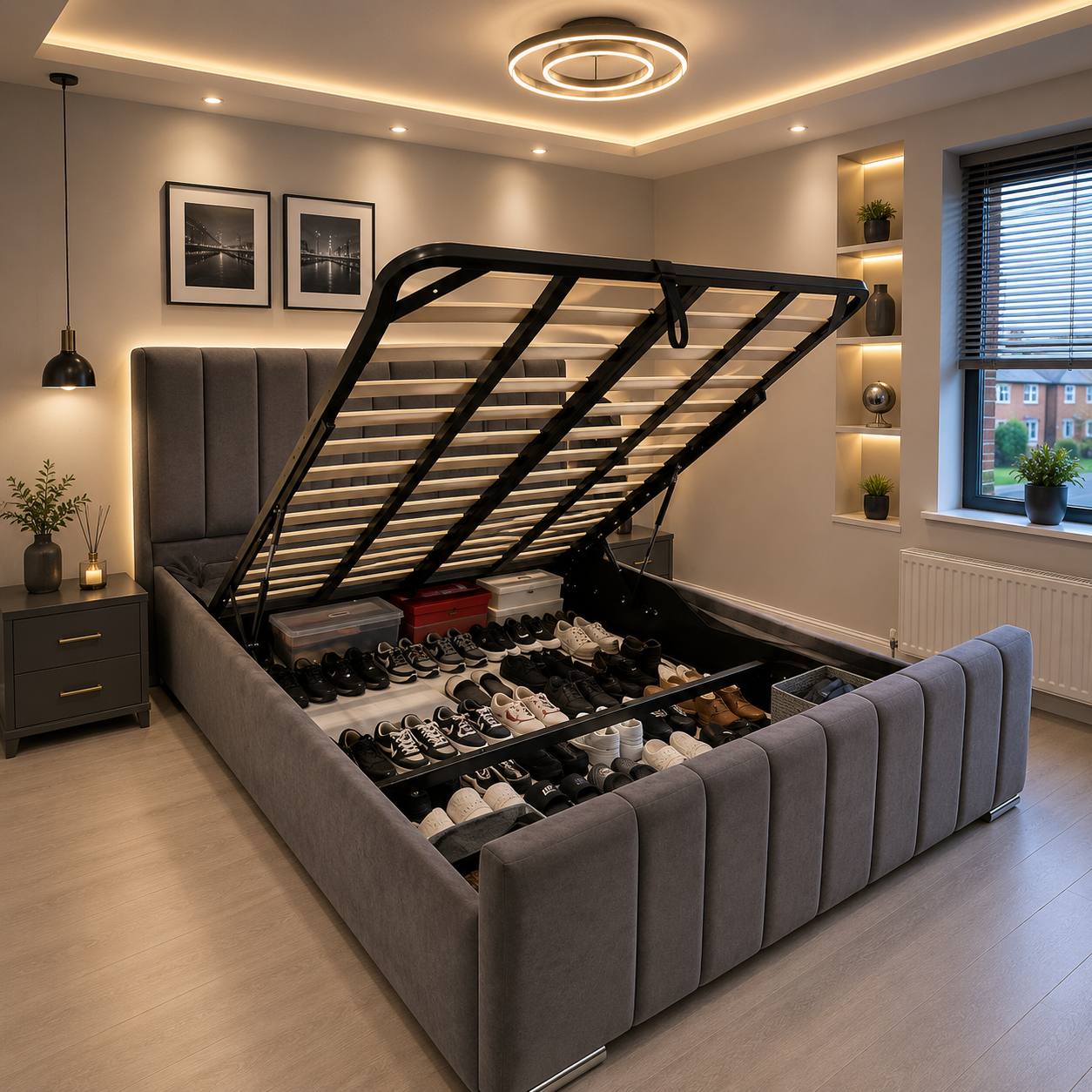 Upholstered Gas Lift Up Storage Beds - Multi Storage Design