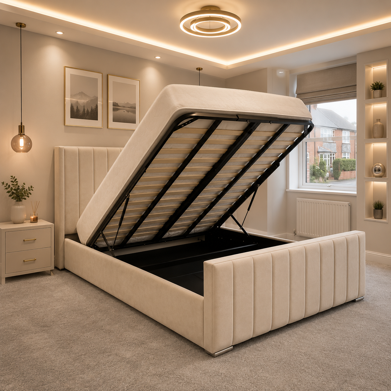 Upholstered Gas Lift Up Storage Beds - Multi Storage Design