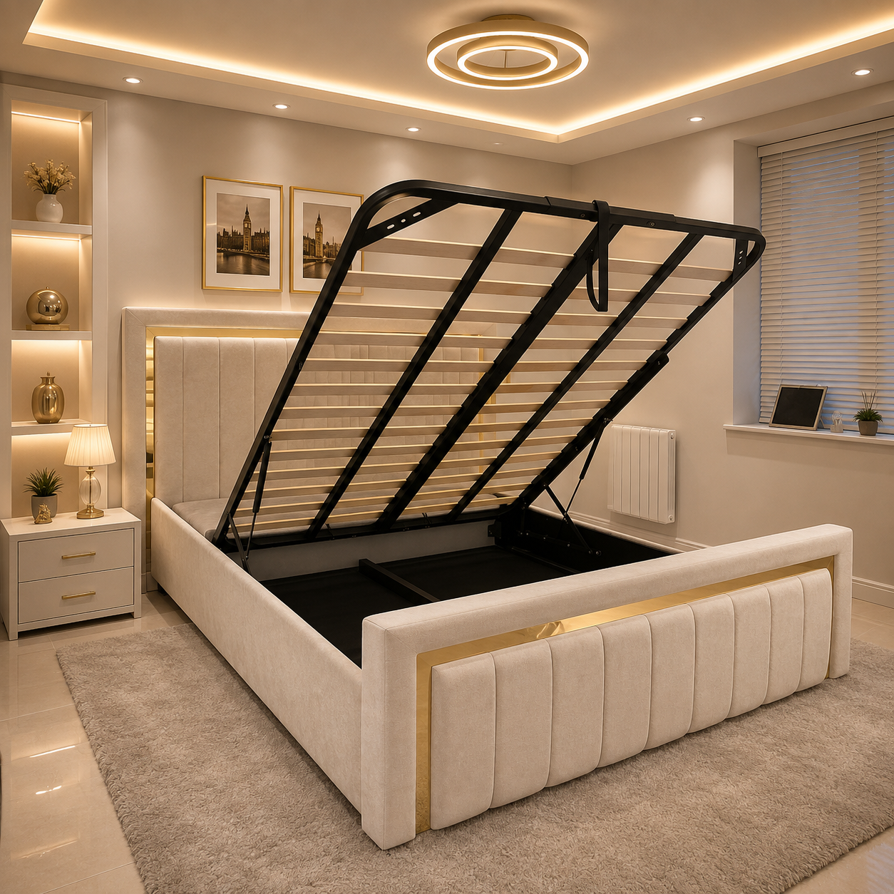 Upholstered Gas Lift Up Storage Beds - Multi Storage Design