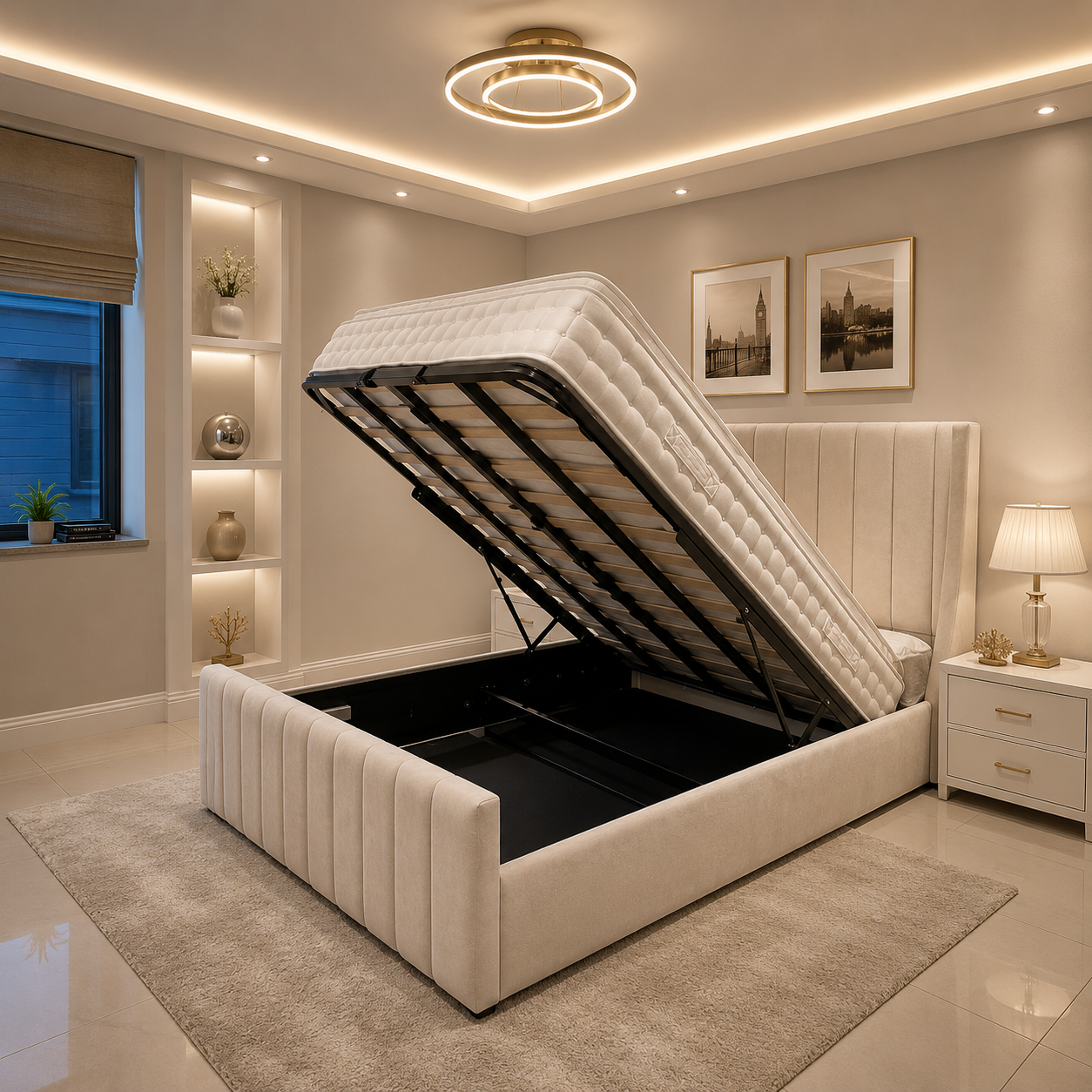 Upholstered Gas Lift Up Storage Beds - Multi Storage Design