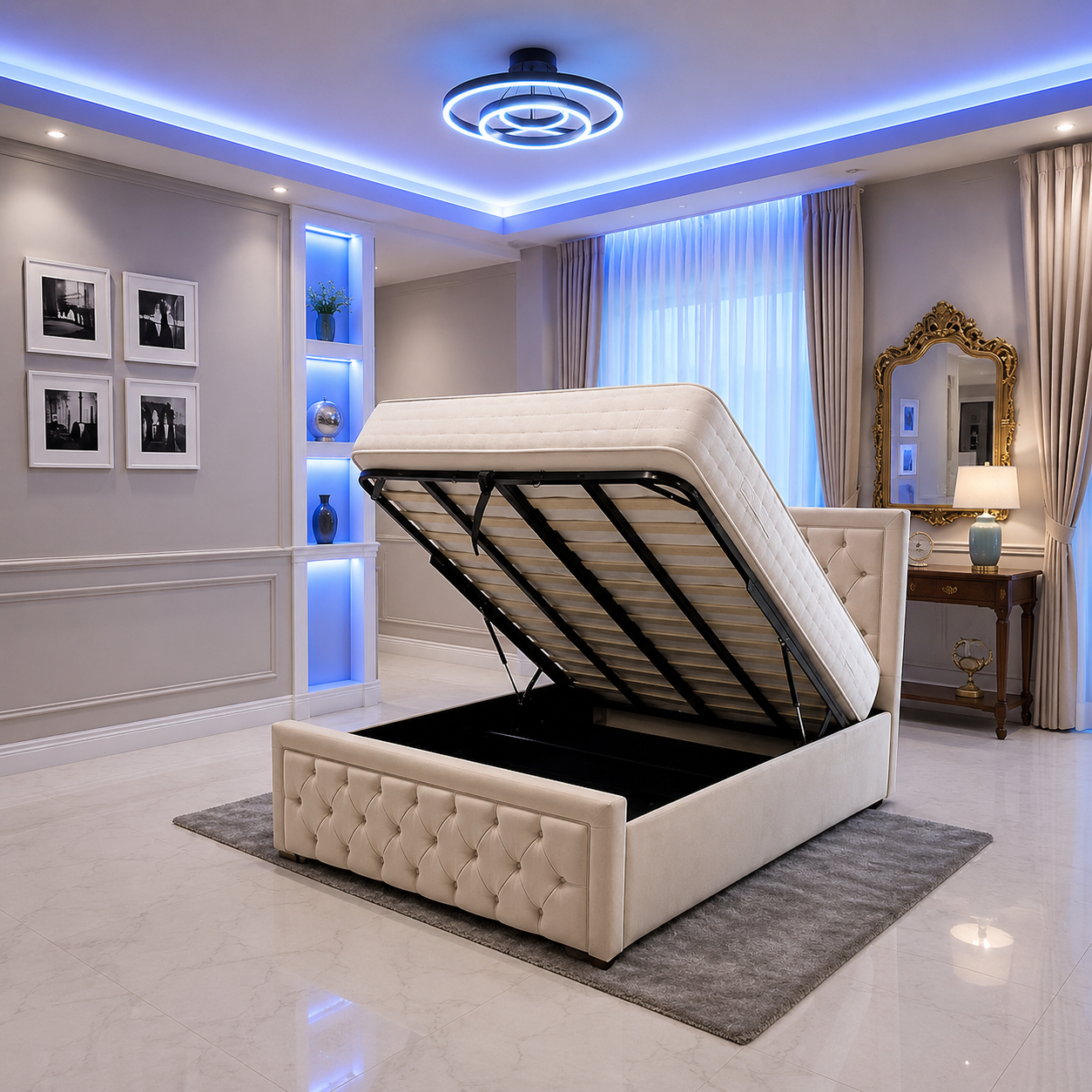 Upholstered Gas Lift Up Storage Beds - Multi Storage Design