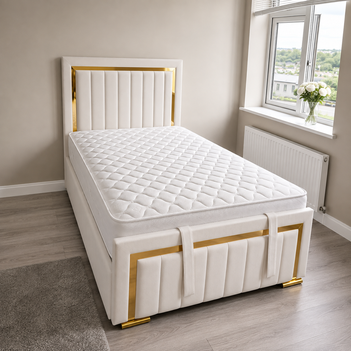 Golden Strip Bed – Luxury Gold Detail | Ottoman Storage |50" Iris Headboard