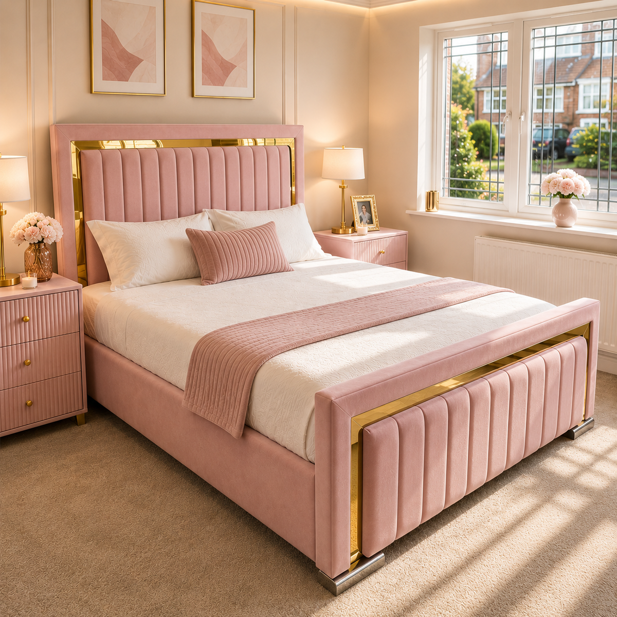 Golden Strip Bed – Luxury Gold Detail | Ottoman Storage |50" Iris Headboard
