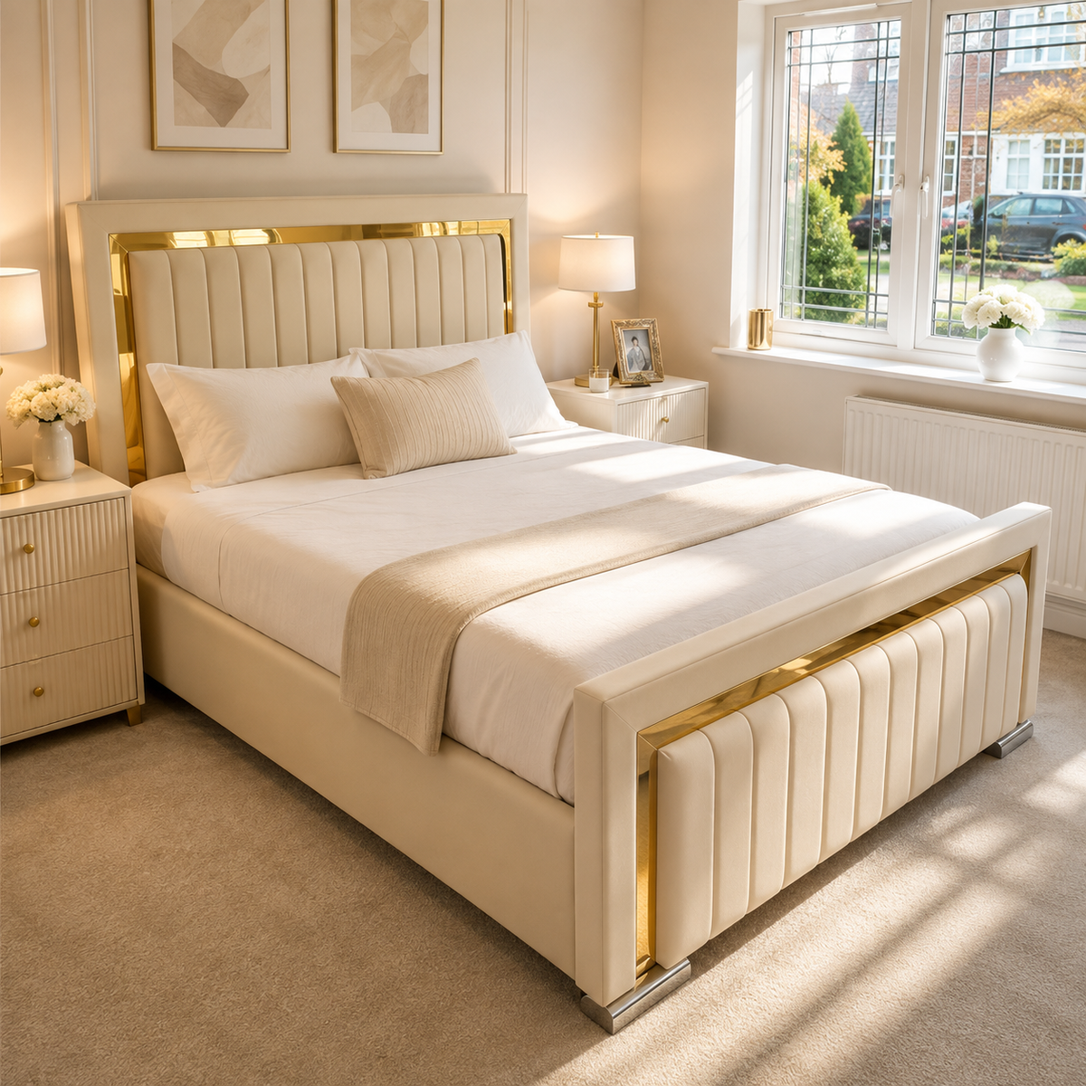 Golden Strip Bed – Luxury Gold Detail | Ottoman Storage |50" Iris Headboard