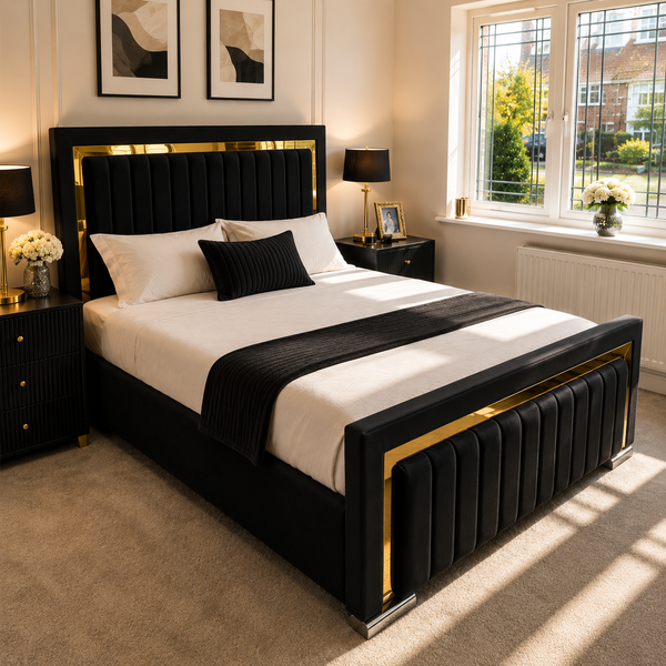 Golden Strip Bed – Luxury Gold Detail | Ottoman Storage |50" Iris Headboard