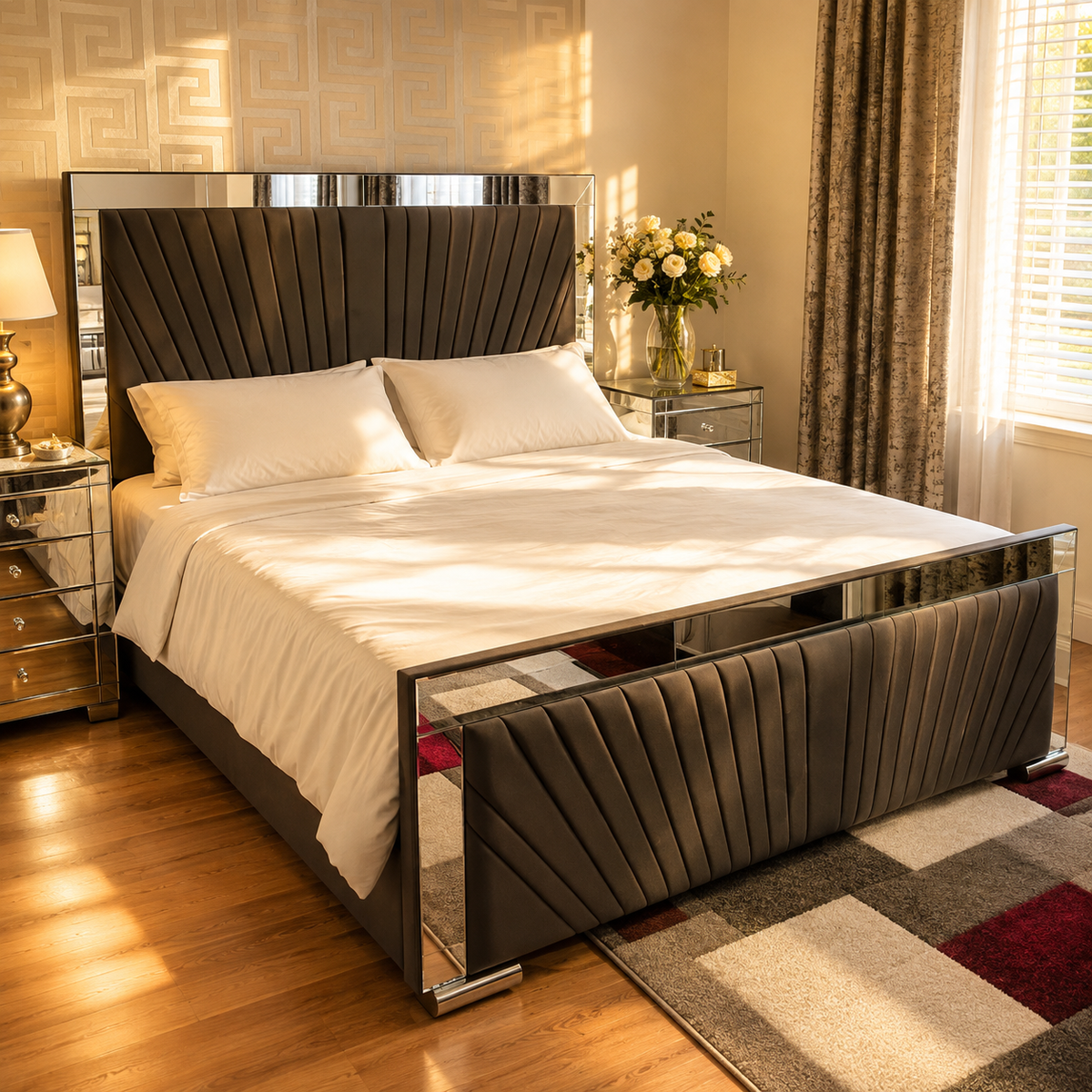 Mirror Crush Bed – Luxury Upholstered Bed | Elegant Mirrored Frame | All Sizes Available
