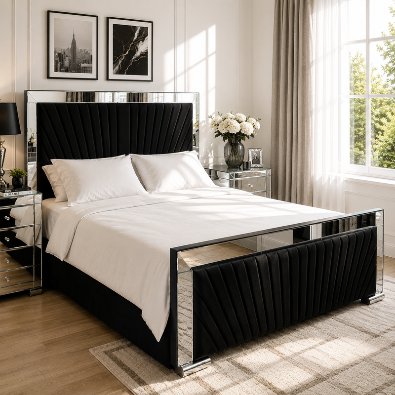 Mirror Crush Bed – Luxury Upholstered Bed | Elegant Mirrored Frame | All Sizes Available