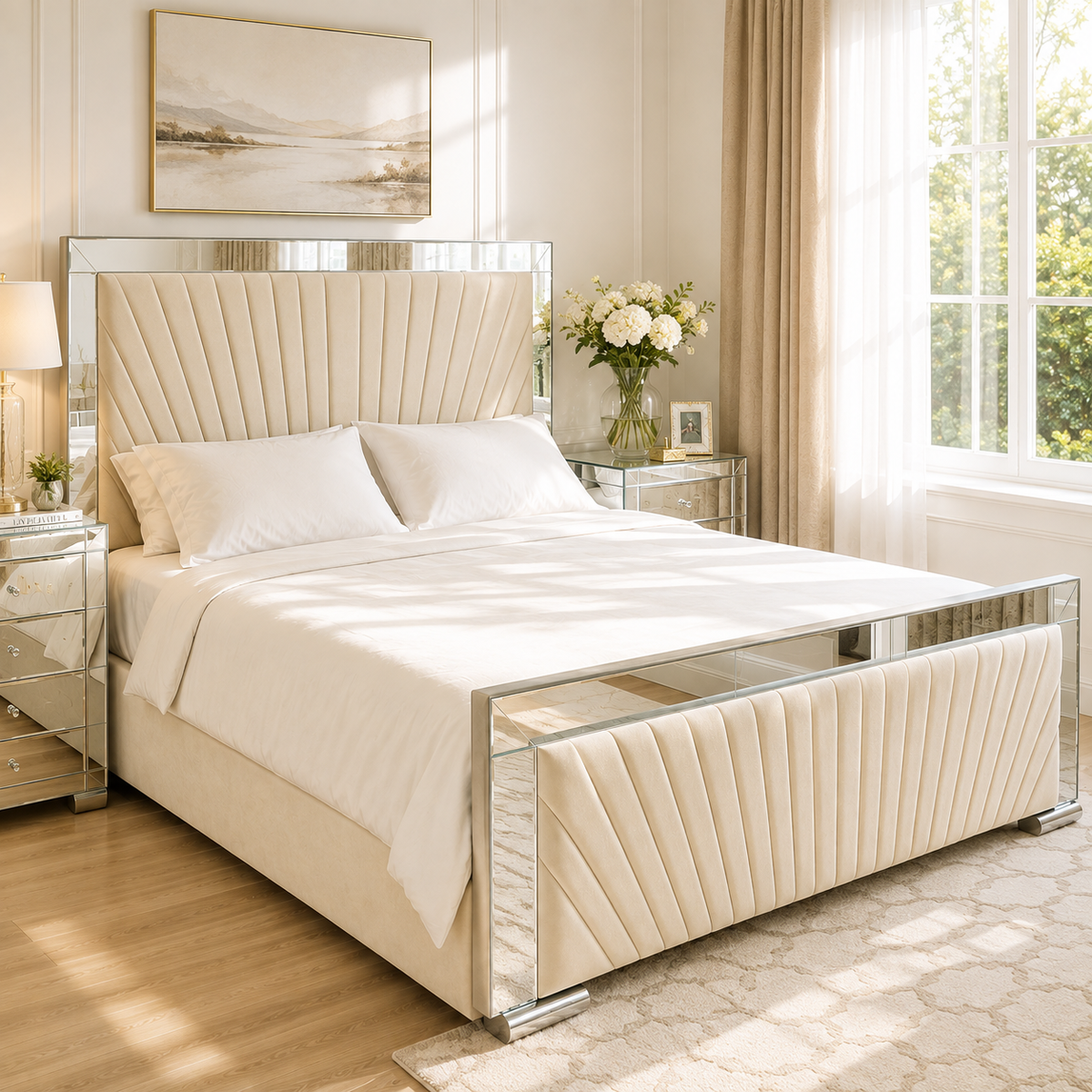 Mirror Crush Bed – Luxury Upholstered Bed | Elegant Mirrored Frame | All Sizes Available