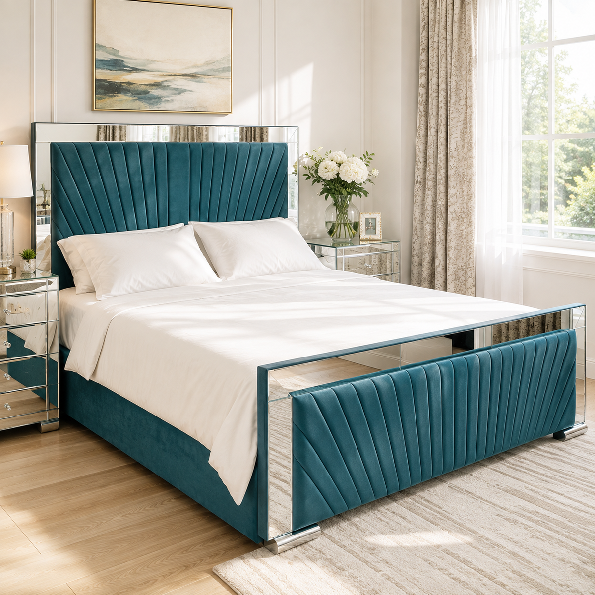Mirror Crush Bed – Luxury Upholstered Bed | Elegant Mirrored Frame | All Sizes Available