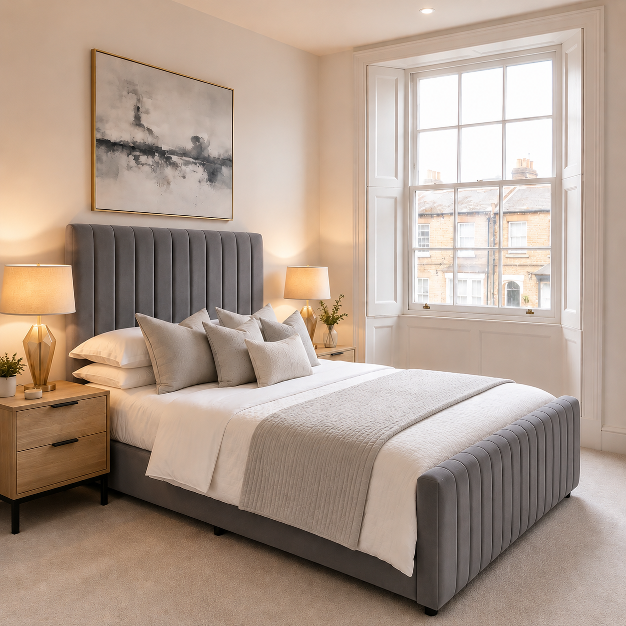 Panel line Bed with Mattress | 50" Narrow Headboard | Luxury Upholstered Bed | Complete Bed Set