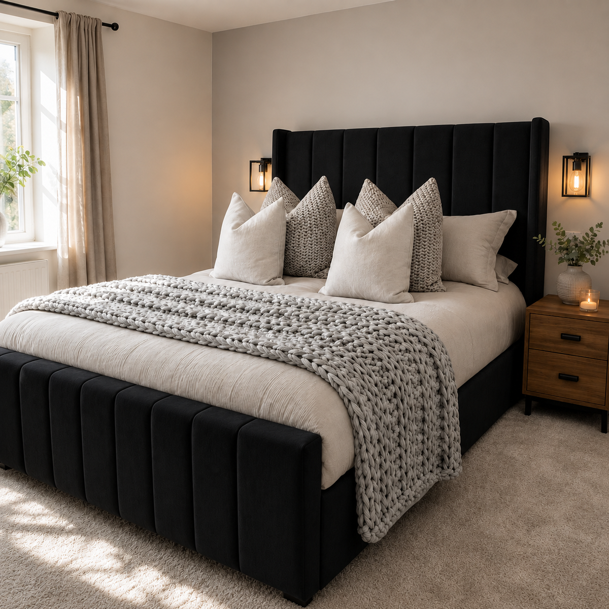 Royal Wingback Bed – Elegant High Headboard | Luxury Bedroom Design | Ottoman Storage Available