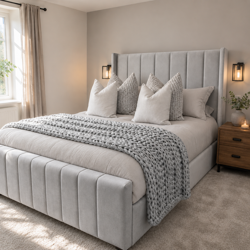 Royal Wingback Bed – Elegant High Headboard | Luxury Bedroom Design | Ottoman Storage Available