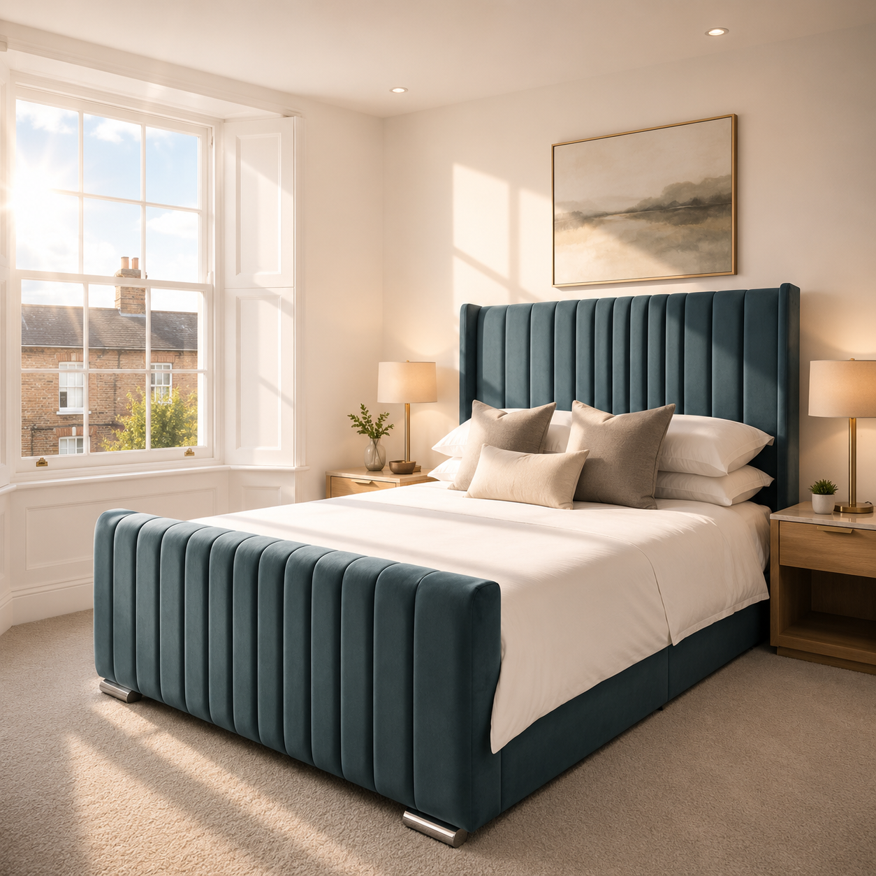 Double  Bed | 50" Scattered Line Wing Headboard | Matching Footboard | Luxury Upholstered Bed | Modern Design