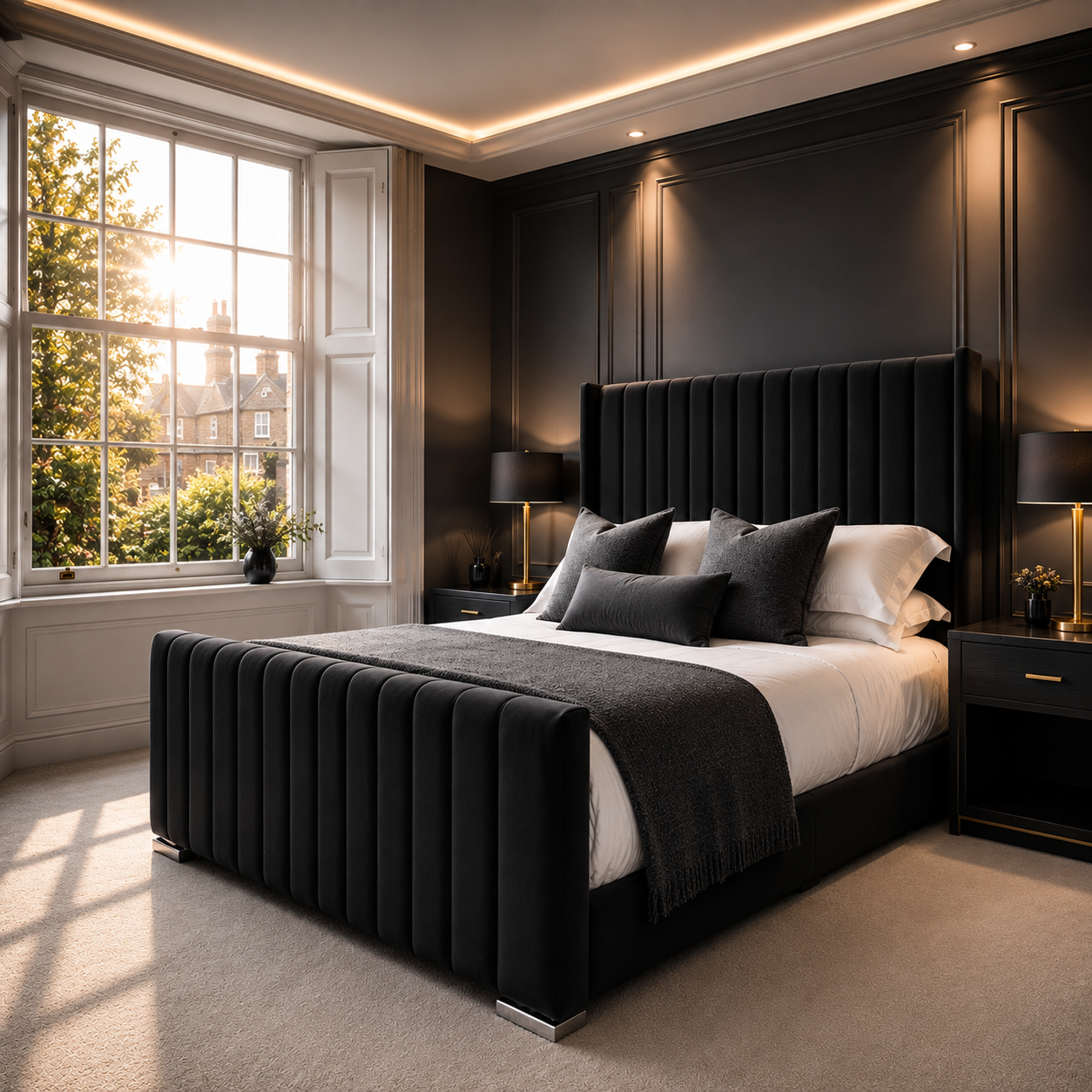 Double  Bed | 50" Scattered Line Wing Headboard | Matching Footboard | Luxury Upholstered Bed | Modern Design