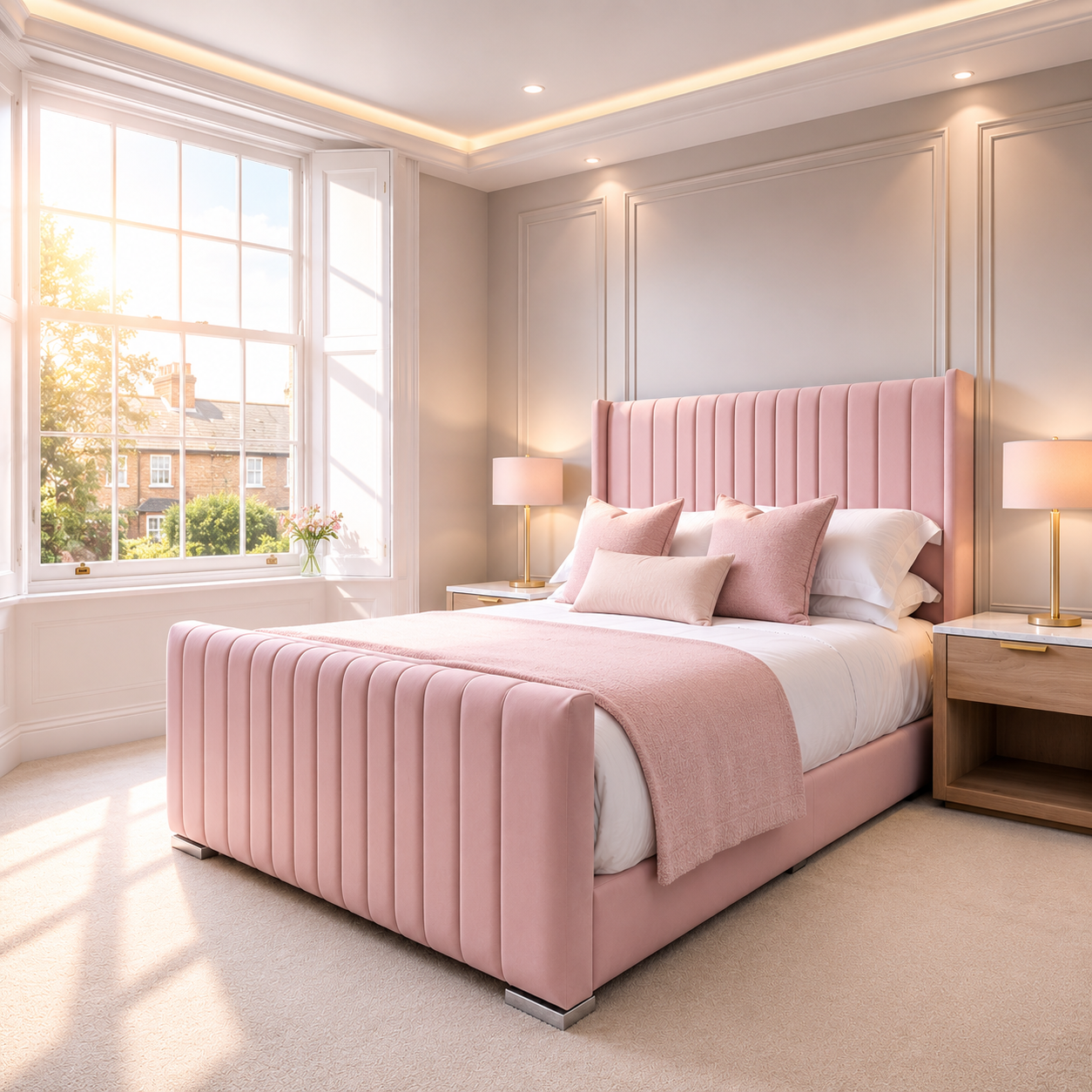 Double  Bed | 50" Scattered Line Wing Headboard | Matching Footboard | Luxury Upholstered Bed | Modern Design