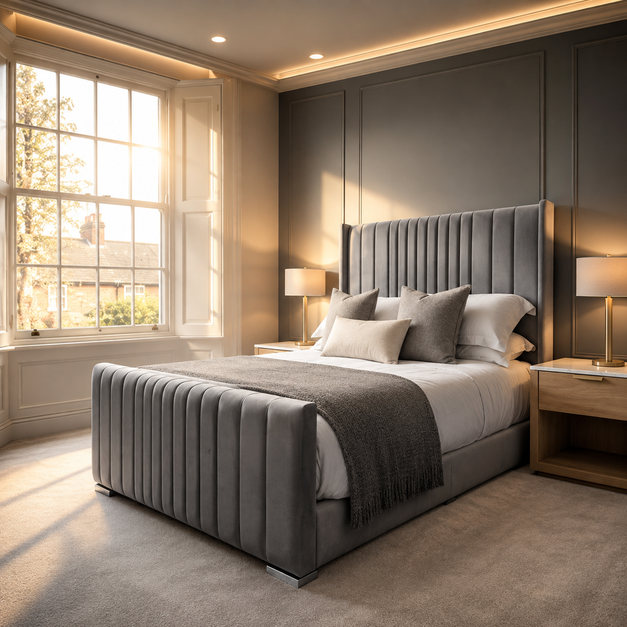 Double  Bed | 50" Scattered Line Wing Headboard | Matching Footboard | Luxury Upholstered Bed | Modern Design