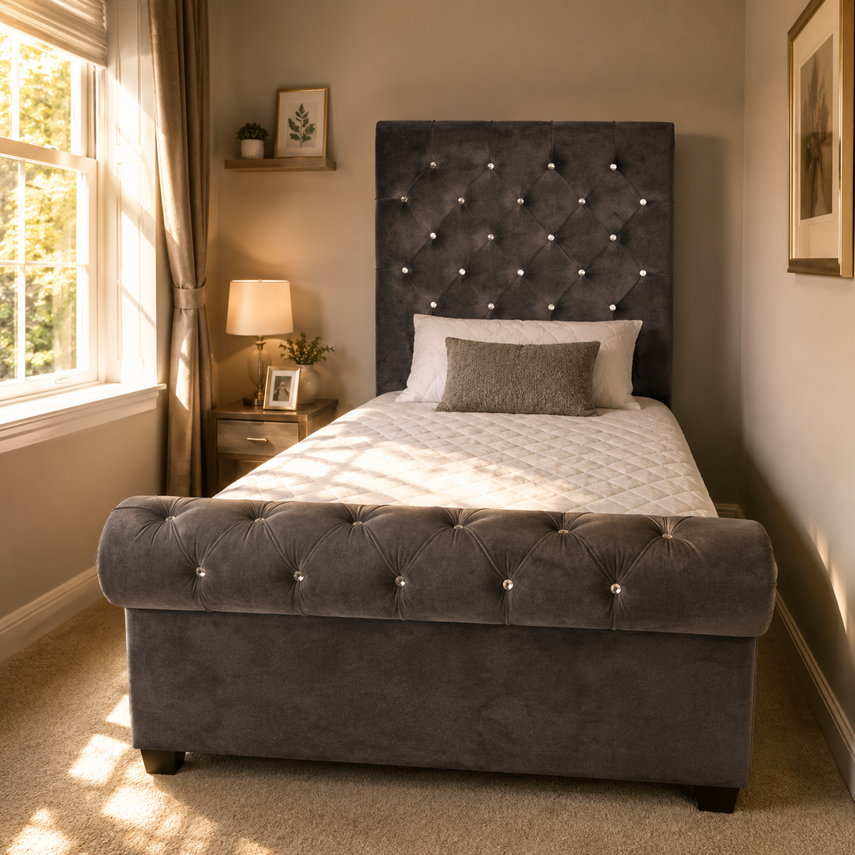 Sleigh Frame Bed Plush velvet - Curved Headboard